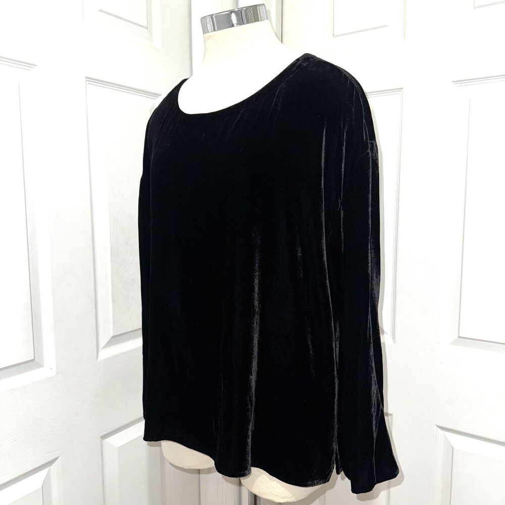 EILEEN FISHER L Black Velvet Silk Blend Ballet Neck Long Sleeve Top Minimalist